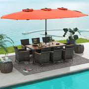 Costway - 10 Pieces Patio Wicker Dining Set with 15 Feet Double-Sided Patio Umbrella-Orange