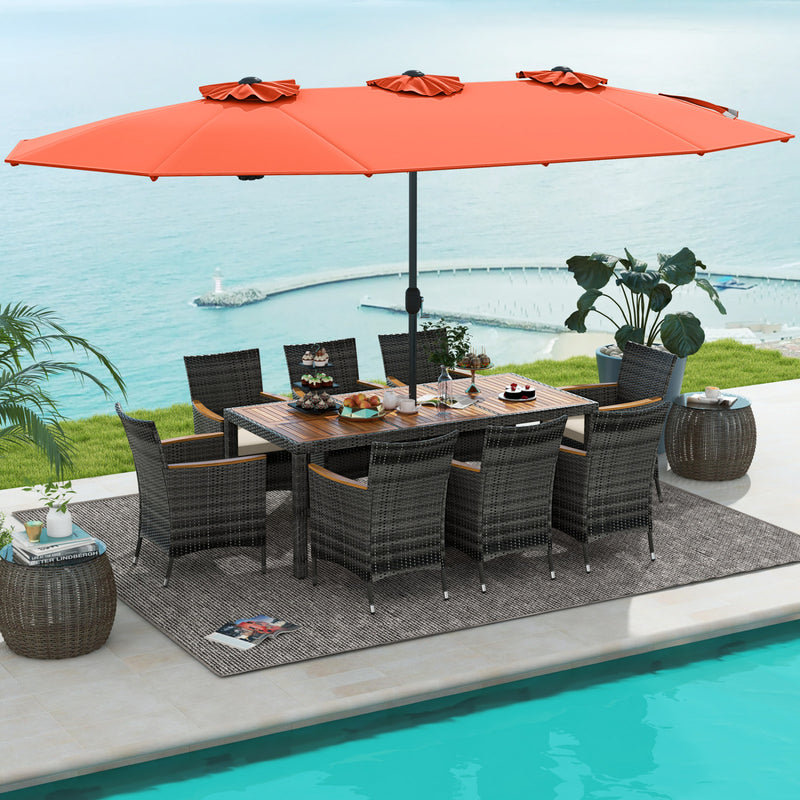 Costway - 10 Pieces Patio Wicker Dining Set with 15 Feet Double-Sided Patio Umbrella-Orange
