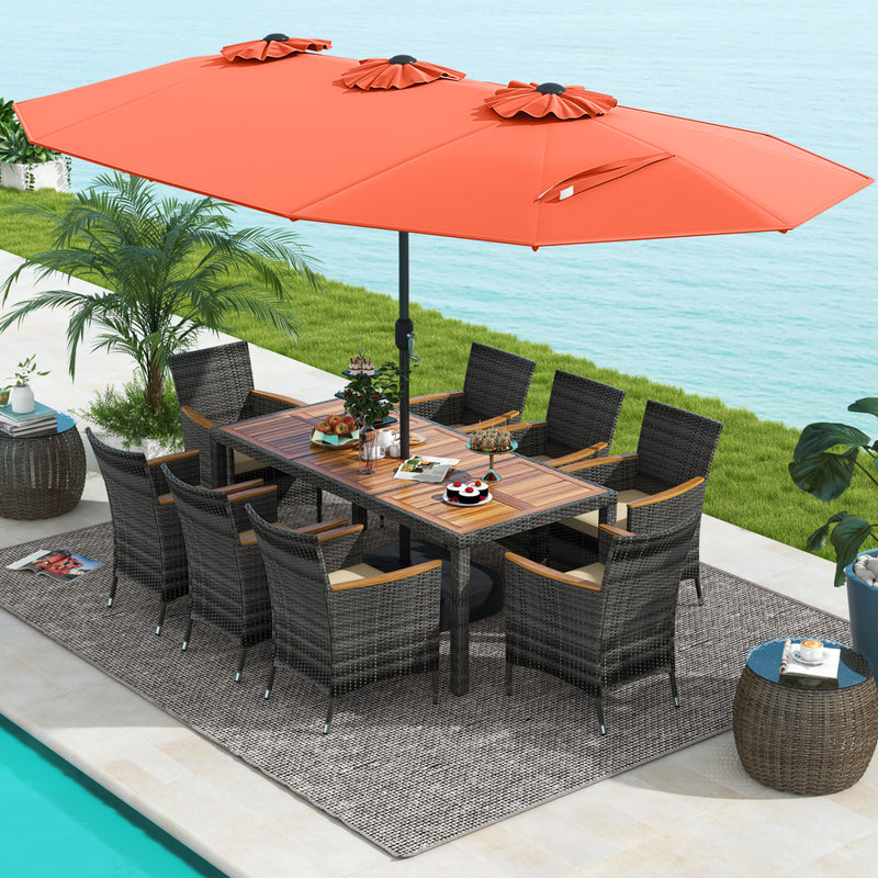 Costway - 10 Pieces Patio Wicker Dining Set with 15 Feet Double-Sided Patio Umbrella-Orange