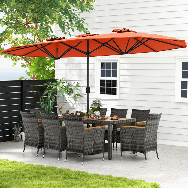 Costway - 10 Pieces Patio Wicker Dining Set with 15 Feet Double-Sided Patio Umbrella-Orange