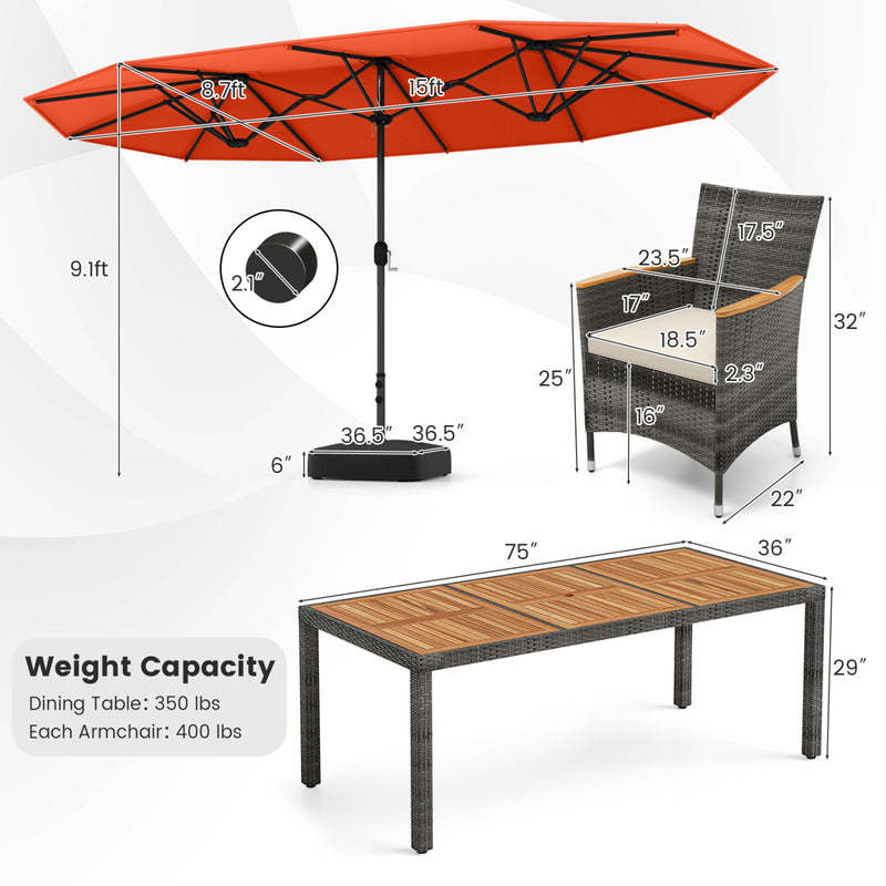 Costway - 10 Pieces Patio Wicker Dining Set with 15 Feet Double-Sided Patio Umbrella-Orange