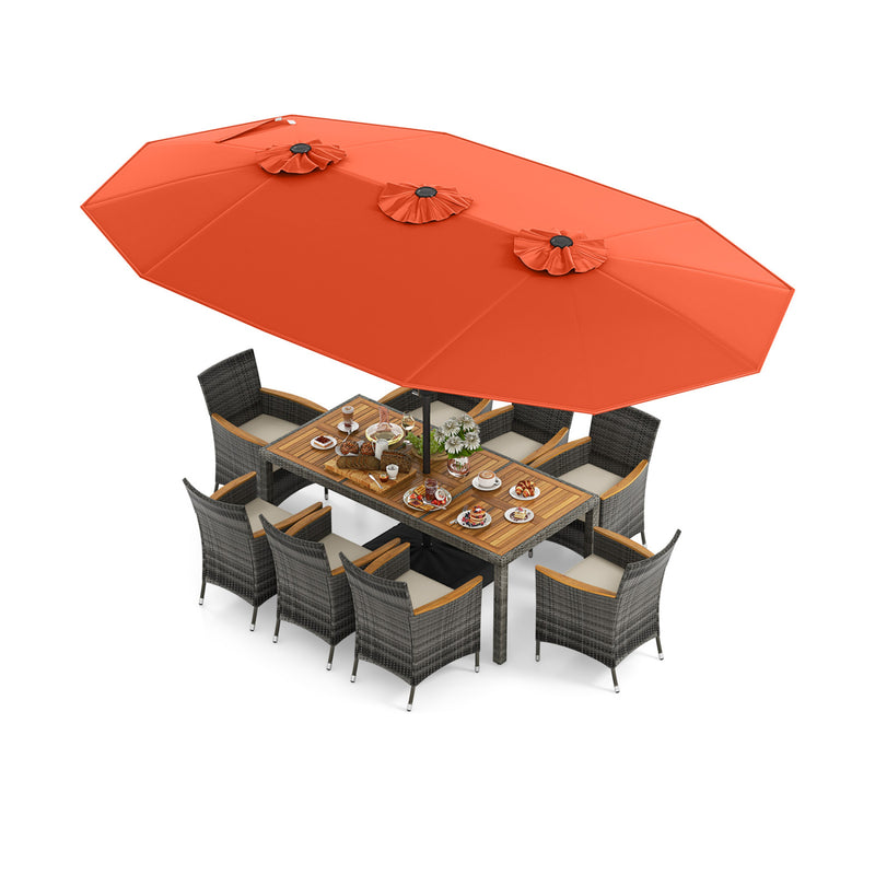 Costway - 10 Pieces Patio Wicker Dining Set with 15 Feet Double-Sided Patio Umbrella-Orange