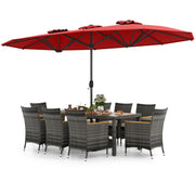Costway - 10 Pieces Patio Wicker Dining Set with 15 Feet Double-Sided Patio Umbrella-Red