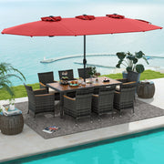 Costway - 10 Pieces Patio Wicker Dining Set with 15 Feet Double-Sided Patio Umbrella-Red