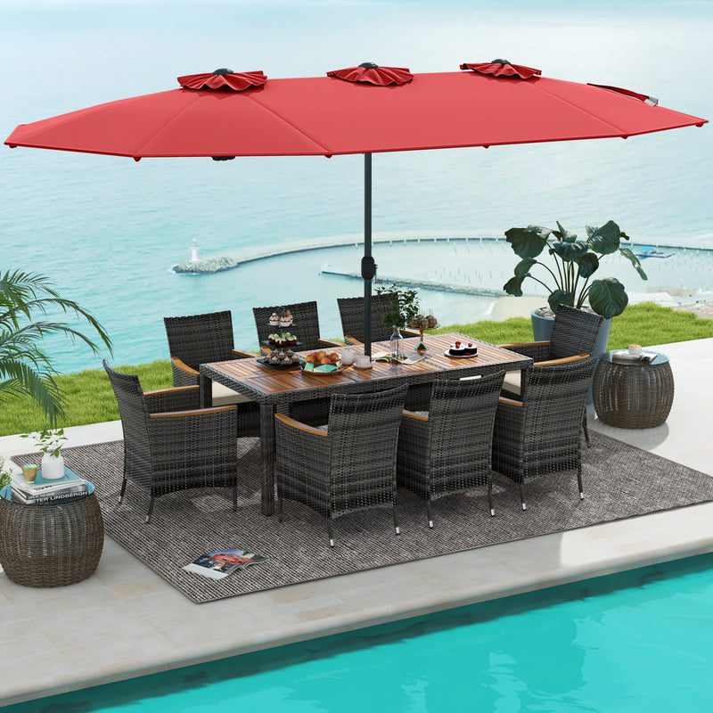Costway - 10 Pieces Patio Wicker Dining Set with 15 Feet Double-Sided Patio Umbrella-Red
