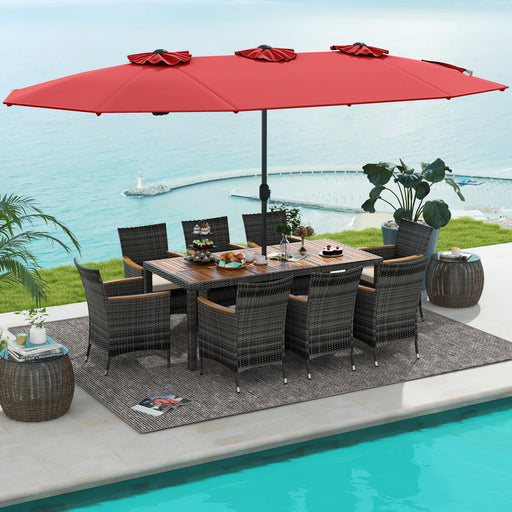 Costway - 10 Pieces Patio Wicker Dining Set with 15 Feet Double-Sided Patio Umbrella-Red