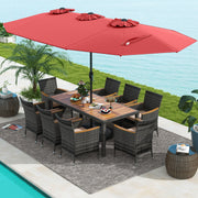 Costway - 10 Pieces Patio Wicker Dining Set with 15 Feet Double-Sided Patio Umbrella-Red