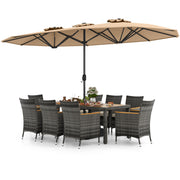 Costway - 10 Pieces Patio Wicker Dining Set with 15 Feet Double-Sided Patio Umbrella-Brown