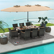 Costway - 10 Pieces Patio Wicker Dining Set with 15 Feet Double-Sided Patio Umbrella-Brown
