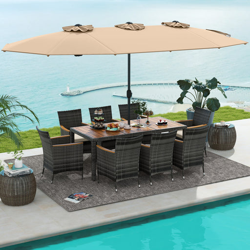Costway - 10 Pieces Patio Wicker Dining Set with 15 Feet Double-Sided Patio Umbrella-Brown