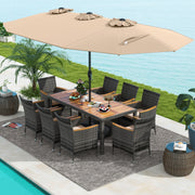 Costway - 10 Pieces Patio Wicker Dining Set with 15 Feet Double-Sided Patio Umbrella-Brown