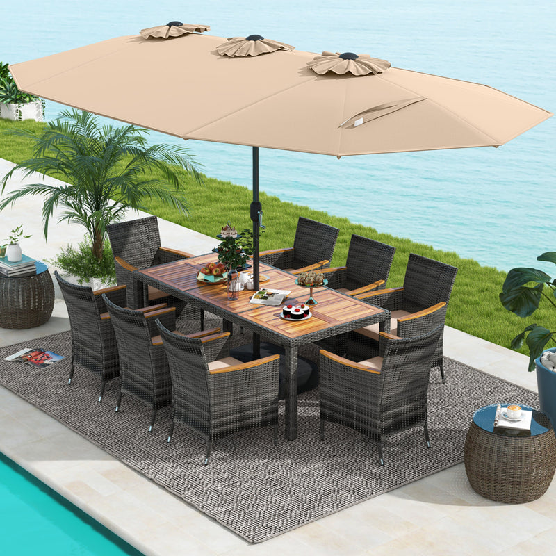 Costway - 10 Pieces Patio Wicker Dining Set with 15 Feet Double-Sided Patio Umbrella-Brown