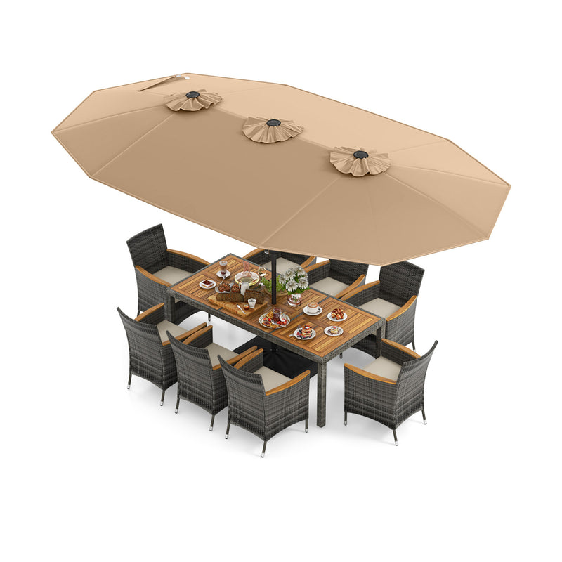 Costway - 10 Pieces Patio Wicker Dining Set with 15 Feet Double-Sided Patio Umbrella-Brown