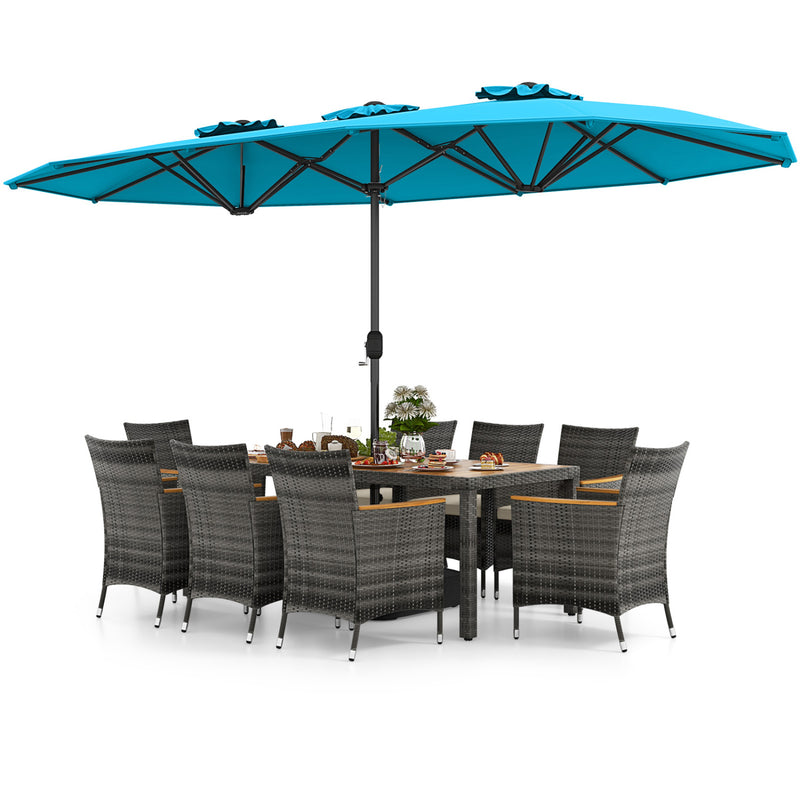 Costway - 10 Pieces Patio Wicker Dining Set with 15 Feet Double-Sided Patio Umbrella-Turquoise