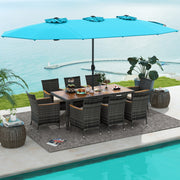 Costway - 10 Pieces Patio Wicker Dining Set with 15 Feet Double-Sided Patio Umbrella-Turquoise