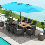 Costway - 10 Pieces Patio Wicker Dining Set with 15 Feet Double-Sided Patio Umbrella-Turquoise