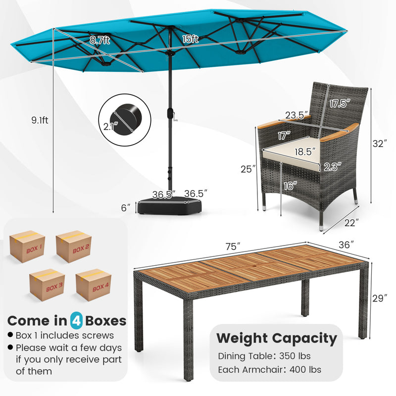 Costway - 10 Pieces Patio Wicker Dining Set with 15 Feet Double-Sided Patio Umbrella-Turquoise