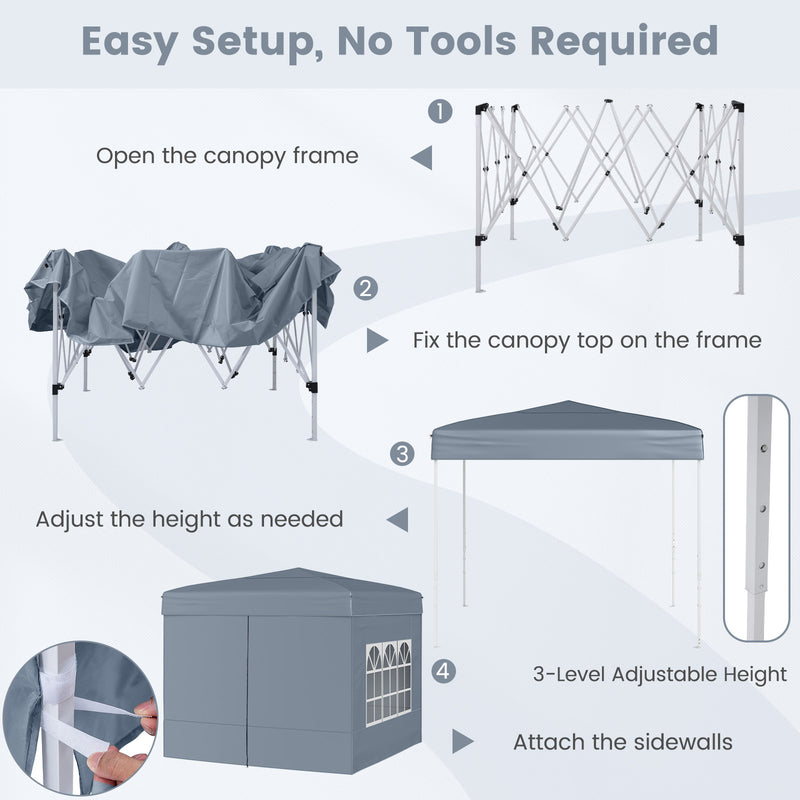 Costway - 10 X 10 FT Pop up Canopy Tent Outdoor Patio Commercial Sunshade Shelter with 4 Sidewalls-Gray