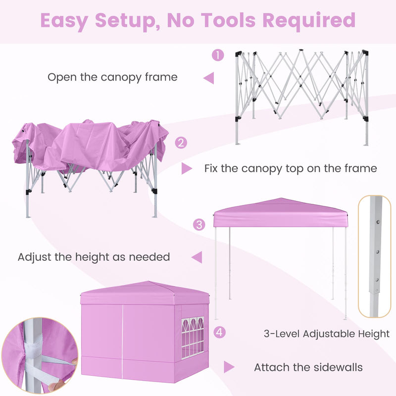Costway - 10 X 10 FT Pop up Canopy Tent Outdoor Patio Commercial Sunshade Shelter with 4 Sidewalls-Pink