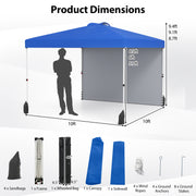 Costway - 10 X 10 FT Pop up Canopy Tent with 1 Sidewall and Wheeled Bag-Blue