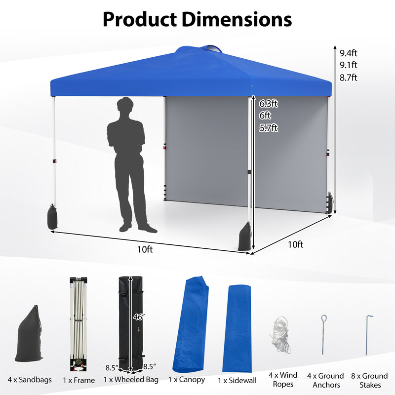 Costway - 10 X 10 FT Pop up Canopy Tent with 1 Sidewall and Wheeled Bag-Blue