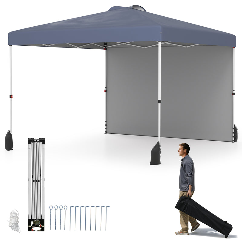 Costway - 10 X 10 FT Pop up Canopy Tent with 1 Sidewall and Wheeled Bag-Gray