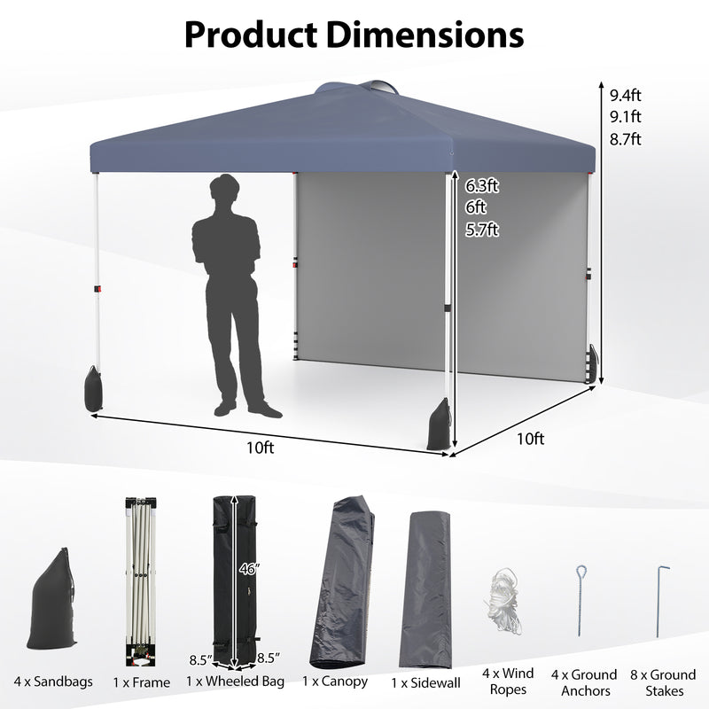 Costway - 10 X 10 FT Pop up Canopy Tent with 1 Sidewall and Wheeled Bag-Gray