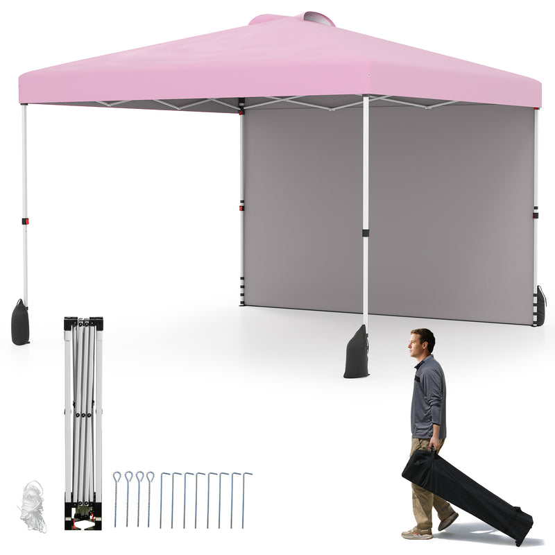 Costway - 10 X 10 FT Pop up Canopy Tent with 1 Sidewall and Wheeled Bag-Pink