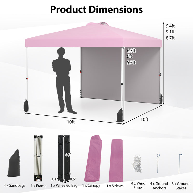 Costway - 10 X 10 FT Pop up Canopy Tent with 1 Sidewall and Wheeled Bag-Pink