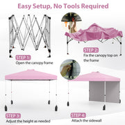 Costway - 10 X 10 FT Pop up Canopy Tent with 1 Sidewall and Wheeled Bag-Pink