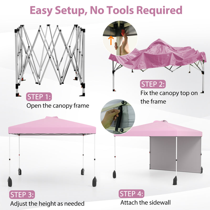 Costway - 10 X 10 FT Pop up Canopy Tent with 1 Sidewall and Wheeled Bag-Pink