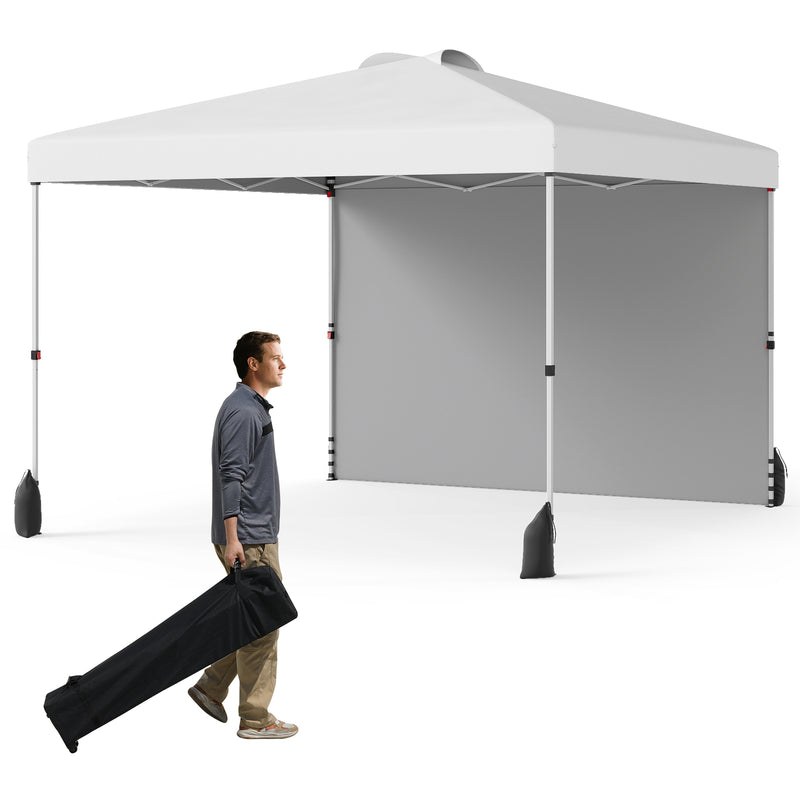 Costway - 10 X 10 FT Pop up Canopy Tent with 1 Sidewall and Wheeled Bag-White
