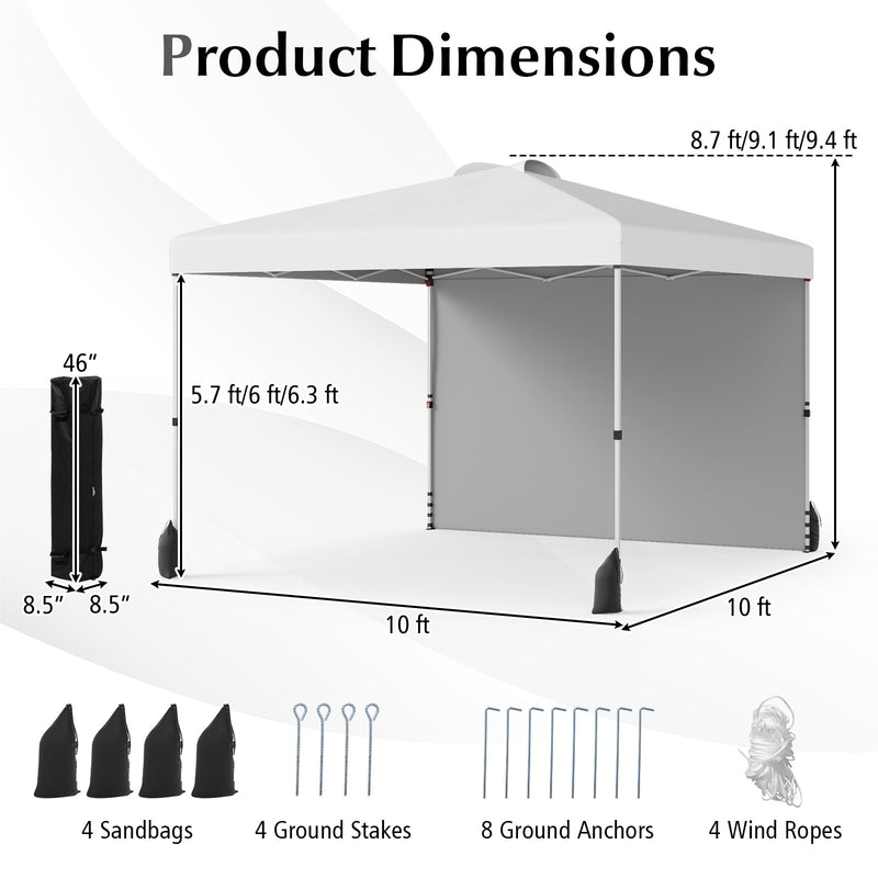 Costway - 10 X 10 FT Pop up Canopy Tent with 1 Sidewall and Wheeled Bag-White