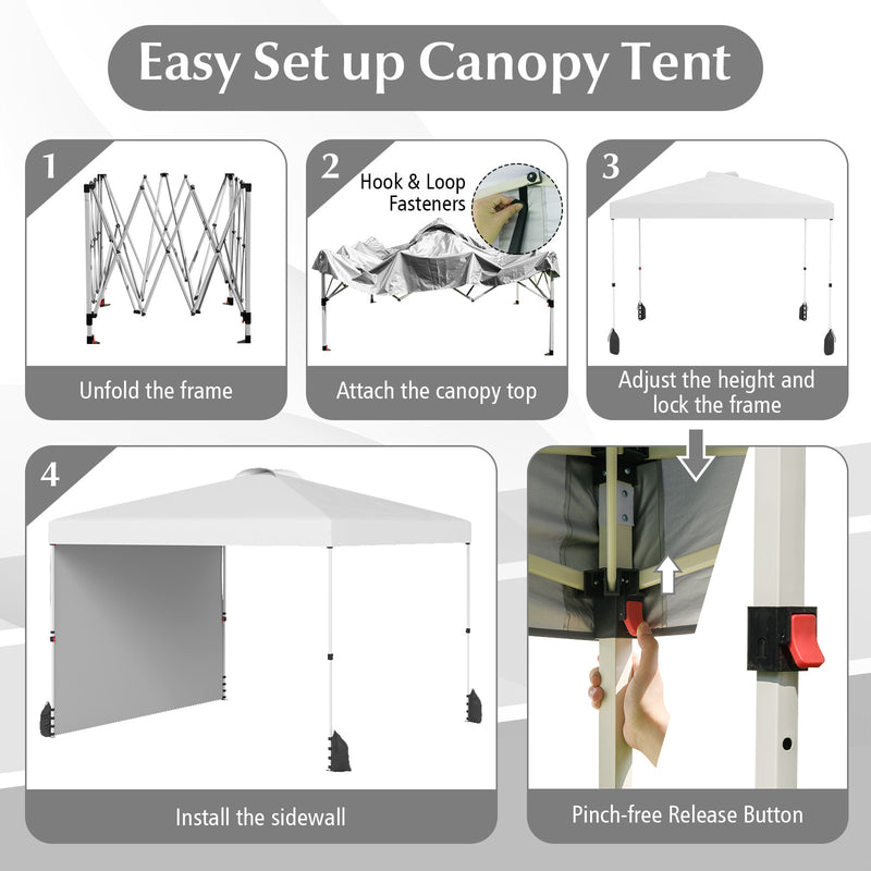 Costway - 10 X 10 FT Pop up Canopy Tent with 1 Sidewall and Wheeled Bag-White