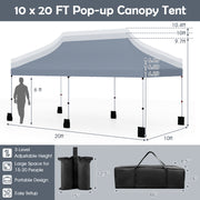 Costway - 10 X 20 FT Pop up Canopy Tent Foldable Portable Outdoor Gazebo with Carry Bag-Gray