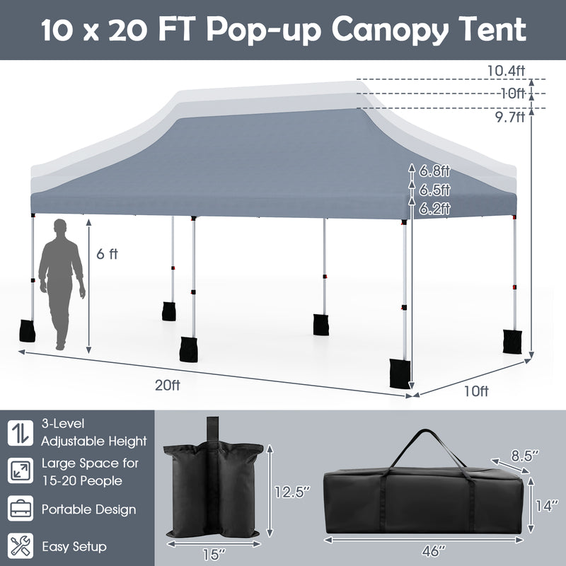 Costway - 10 X 20 FT Pop up Canopy Tent Foldable Portable Outdoor Gazebo with Carry Bag-Gray