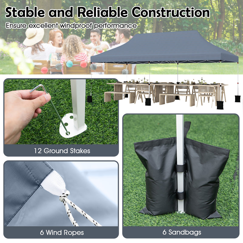 Costway - 10 X 20 FT Pop up Canopy Tent Foldable Portable Outdoor Gazebo with Carry Bag-Gray