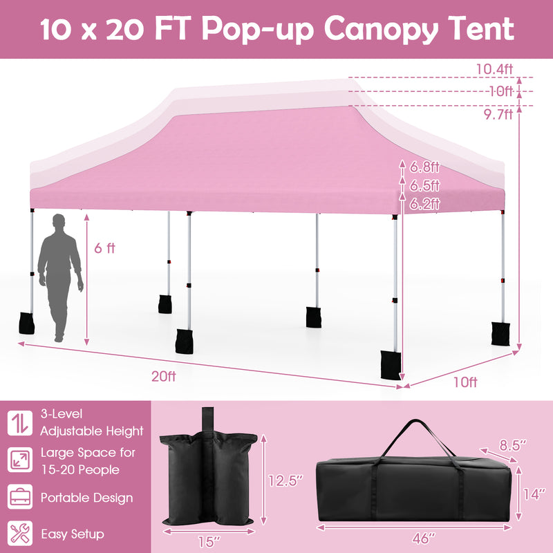 Costway - 10 X 20 FT Pop up Canopy Tent Foldable Portable Outdoor Gazebo with Carry Bag-Pink