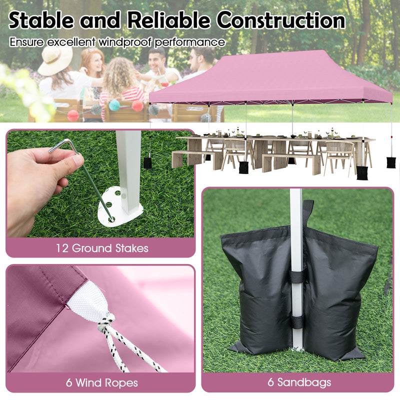 Costway - 10 X 20 FT Pop up Canopy Tent Foldable Portable Outdoor Gazebo with Carry Bag-Pink