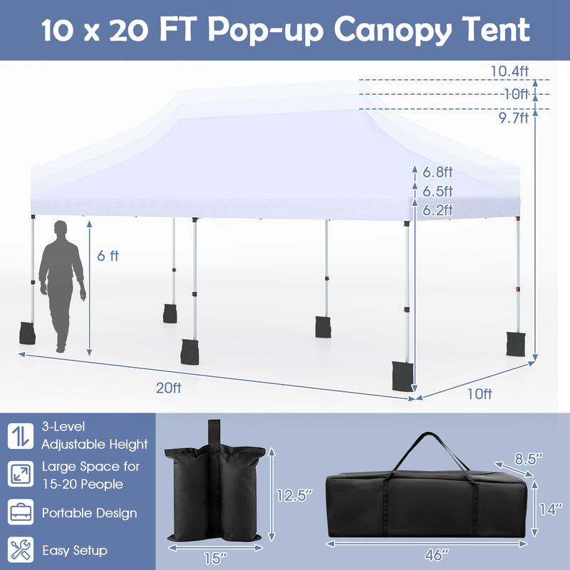 Costway - 10 X 20 FT Pop up Canopy Tent Foldable Portable Outdoor Gazebo with Carry Bag-White