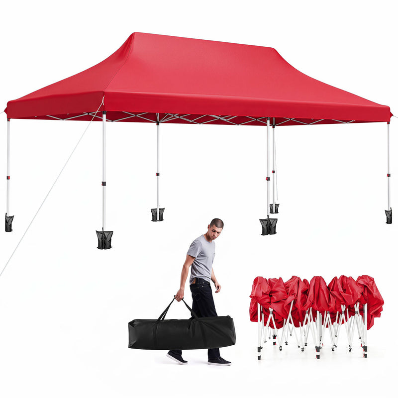 Costway - 10 X 20 FT Pop up Canopy Tent Foldable Portable Outdoor Gazebo with Carry Bag-Red