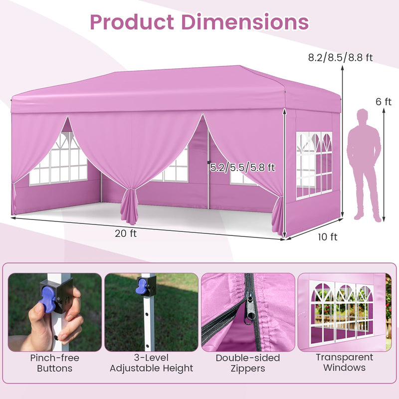 Costway - 10 X 20 Feet Pop up Canopy Tent Instant Setup with 6 Sidewalls-Pink