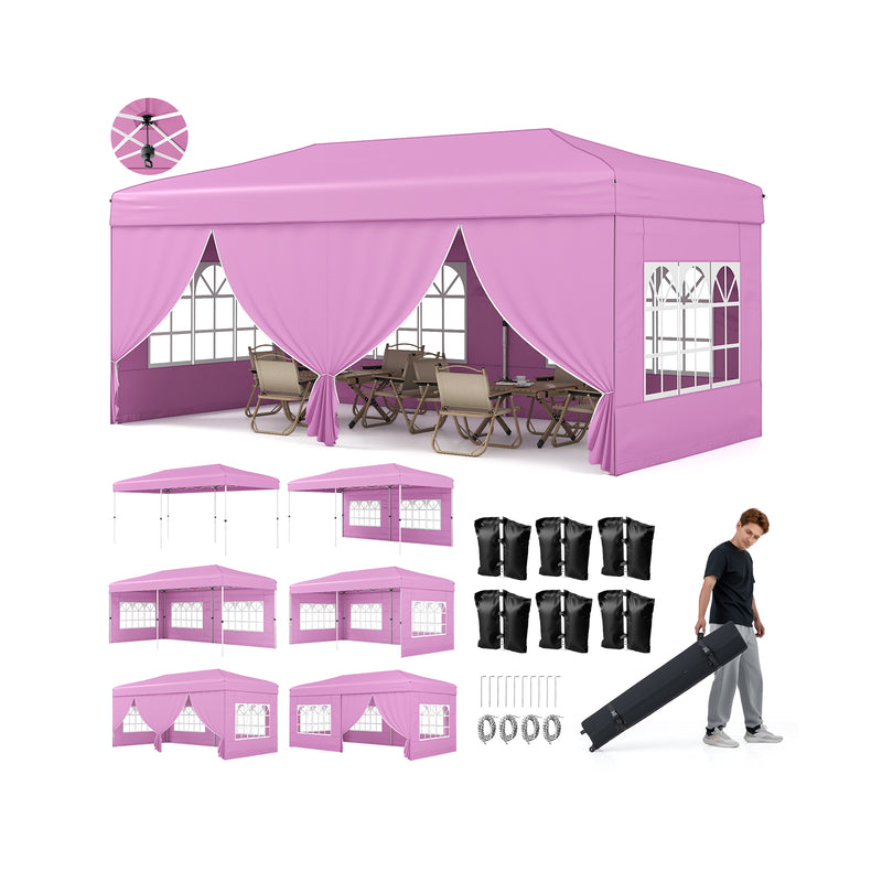Costway - 10 X 20 Feet Pop up Canopy Tent Instant Setup with 6 Sidewalls-Pink