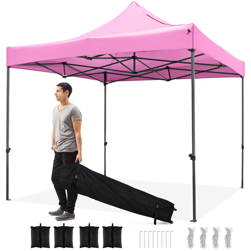 Costway - 10 x 10 FT Outdoor Pop up Canopy Tent Easy Setup Gazebo Shelter with Wheeled Bag-Pink