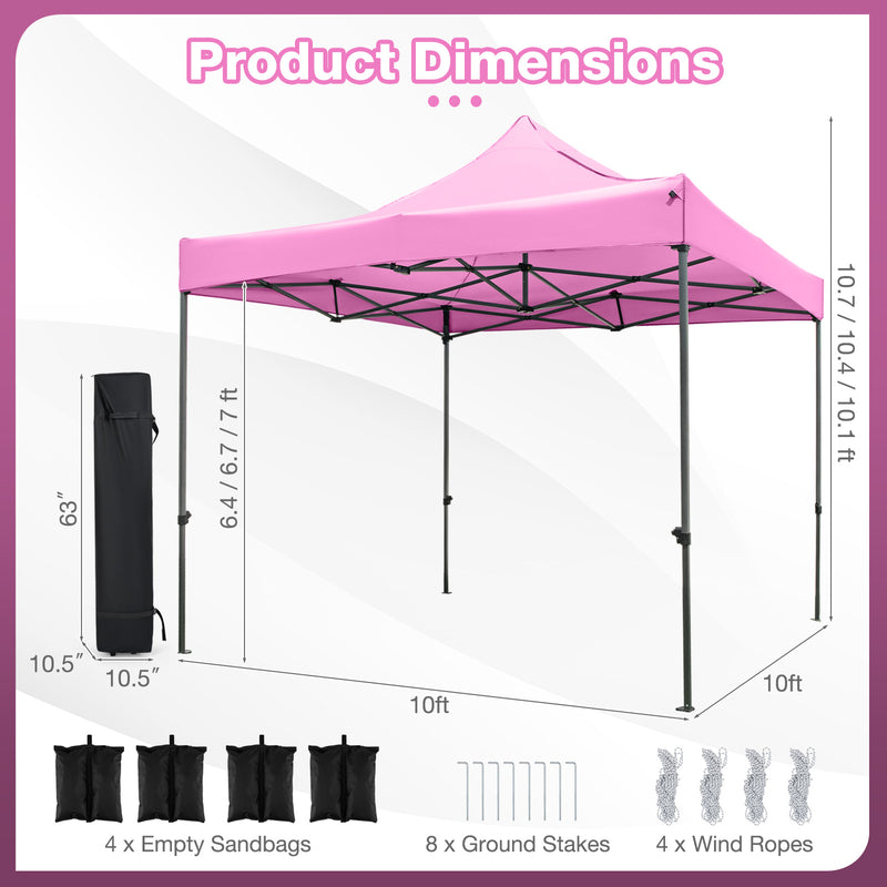 Costway - 10 x 10 FT Outdoor Pop up Canopy Tent Easy Setup Gazebo Shelter with Wheeled Bag-Pink