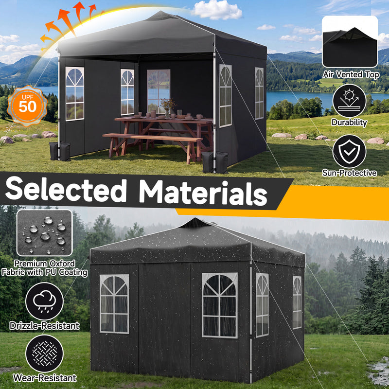 Costway - 10 x 10 FT Pop Up Canopy Tent with 4 Sidewalls and Adjustable Height Waterproof-Black