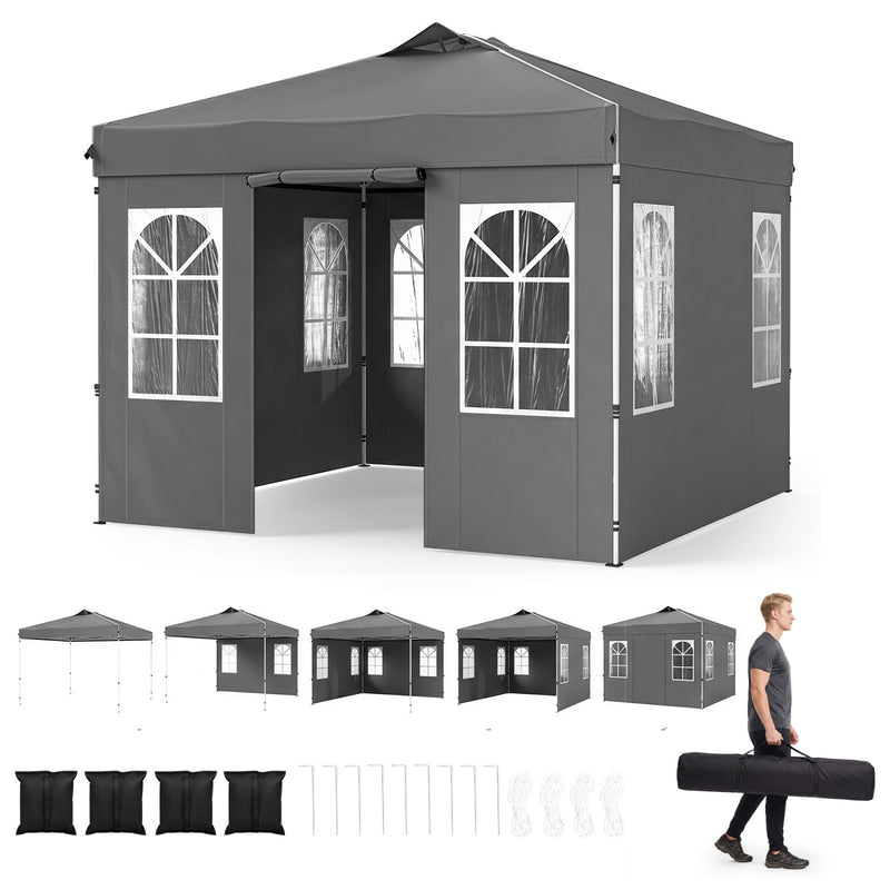 Costway - 10 x 10 FT Pop Up Canopy Tent with 4 Sidewalls and Adjustable Height Waterproof-Gray