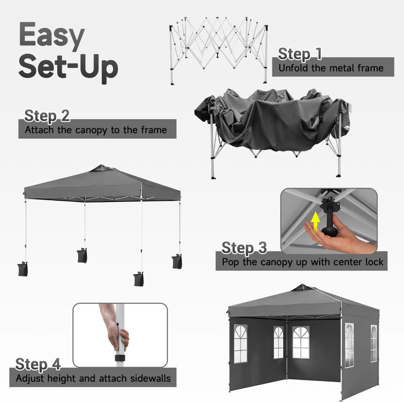 Costway - 10 x 10 FT Pop Up Canopy Tent with 4 Sidewalls and Adjustable Height Waterproof-Gray