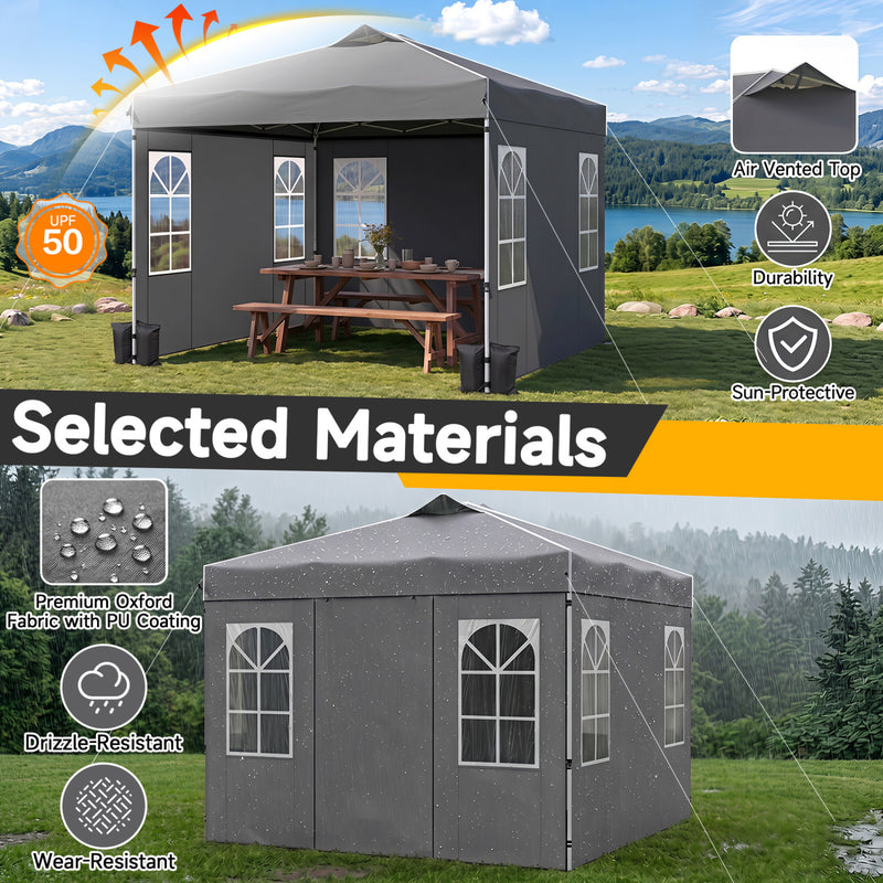 Costway - 10 x 10 FT Pop Up Canopy Tent with 4 Sidewalls and Adjustable Height Waterproof-Gray