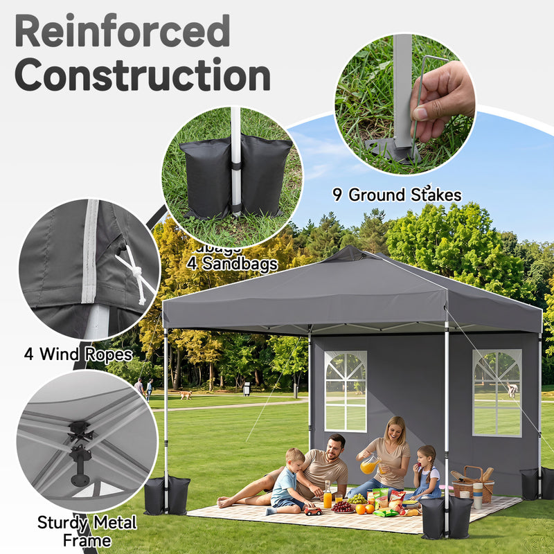 Costway - 10 x 10 FT Pop Up Canopy Tent with 4 Sidewalls and Adjustable Height Waterproof-Gray